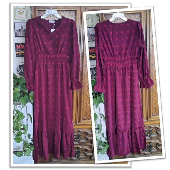 Button Down Smocked Swiss Dot Ruffle Tiered Boho Maxi Dress NWT! - Wine/Red, S - Picture 16 of 16